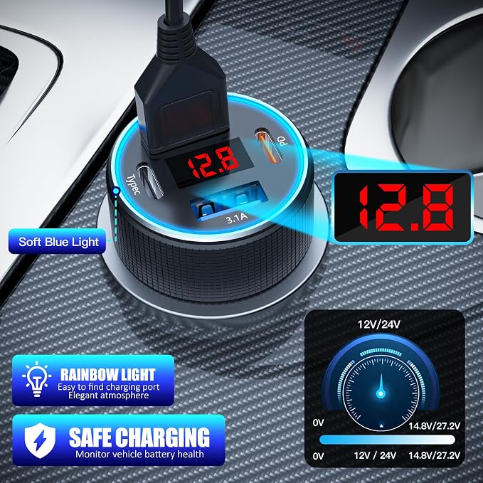 USB C Car Charger, 78W 4 Port Car Phone Charger Adapter Fast Charging, Dual USB - Image 4
