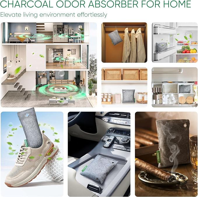 Activated Charcoal Odor Absorber, 8 Pack w Hooks Nature Odor Eliminator - Image 6