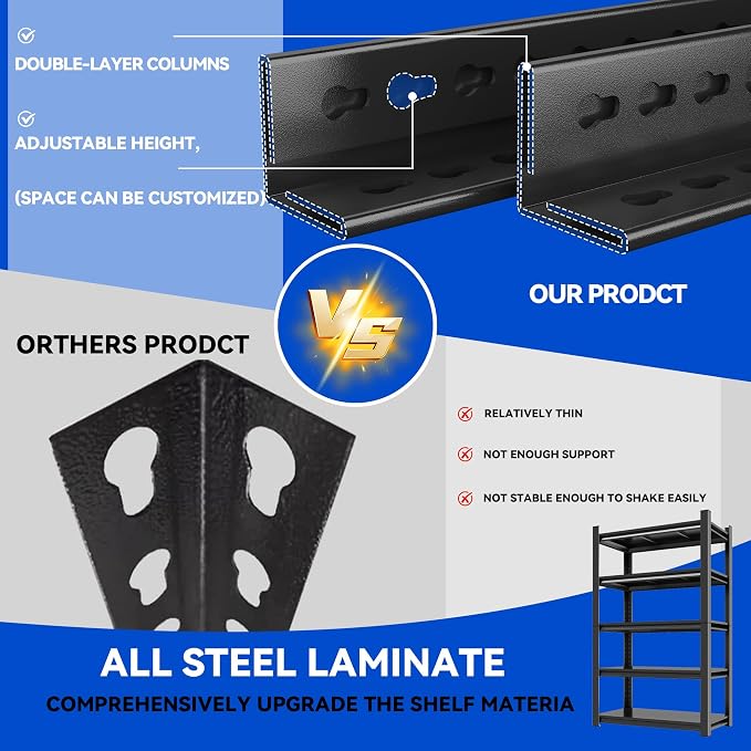 63"H Garage Shelving Heavy Duty Rack, 3000 LBS Large Capacity 5 Tier Adjustable - Image 6