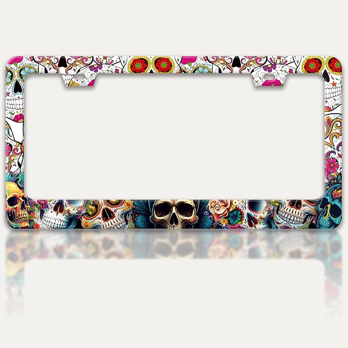 Sugar Skull License Plate Frame Skeleton Flowers License Plate Holders Funny by RTINRAN