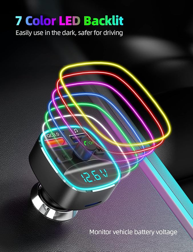 Nulaxy Bluetooth FM Transmitter, Hands-Free Calling, 7 Colors Led Backlit Light - Image 5