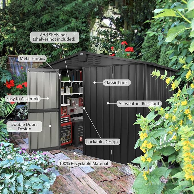IKERY Galvanized Steel Storage Shed 8.2' x 6.2' - Image 3