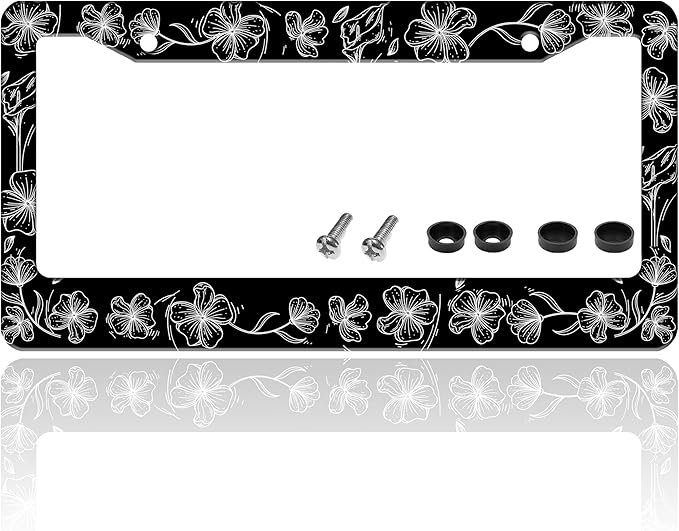 Black and White Line Drawing Flowers License Plate Frame Beautiful Floar by TINALUIN