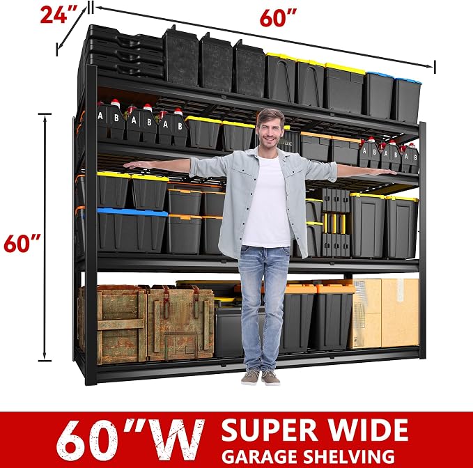 REIBII 60" W Garage Shelving Heavy Duty 2500LBS Storage Shelves 4-Tier Garage - Image 3