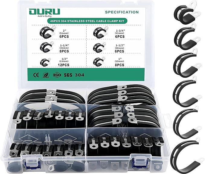 46PCS Cable Clamps Assortment Kit, Stainless Steel Rubber Coated Cushioned by OURU