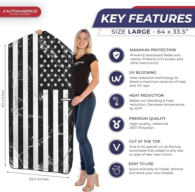 Autoamerics 1-Piece Windshield Sun Shade Grunge B&W American Flag USA Design - Image 2