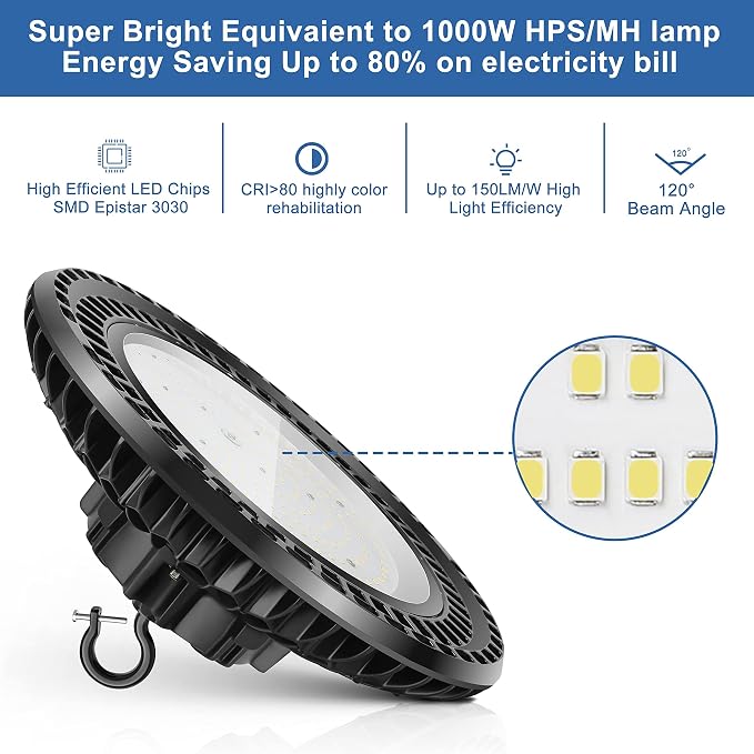 6 Pack 300W LED High Bay Light, UL&DLC Listed 41000LM Dimmable UFO High Bay LED - Image 2