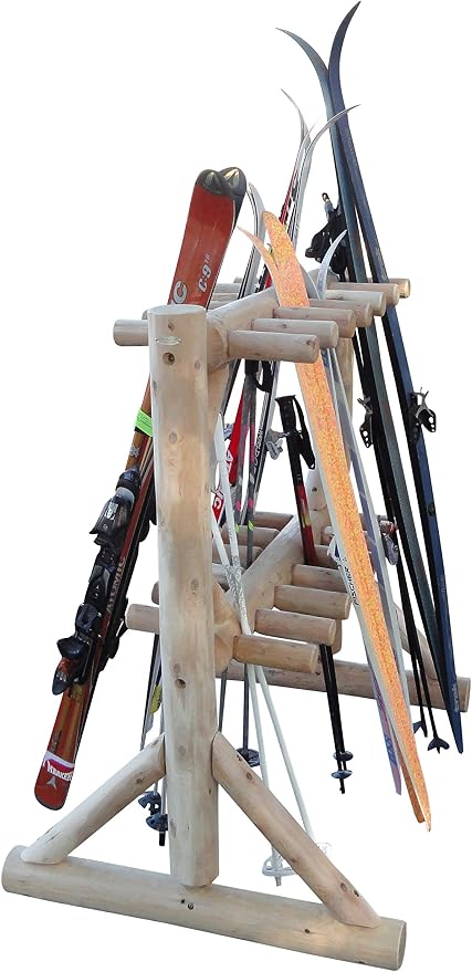 11-Place Freestanding Log Ski Rack Holder, Indoor & Outdoor Snowboard Racks - Image 4