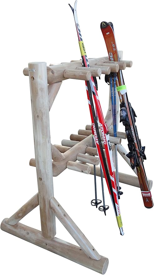 11-Place Freestanding Log Ski Rack Holder, Indoor & Outdoor Snowboard Racks - Image 3