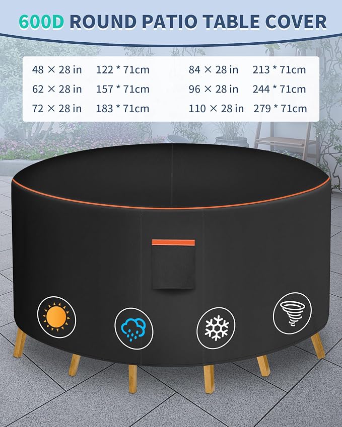 Round Patio Furniture Cover, 110 Inch Diameter Waterproof 600D Heavy Duty Table - Image 3