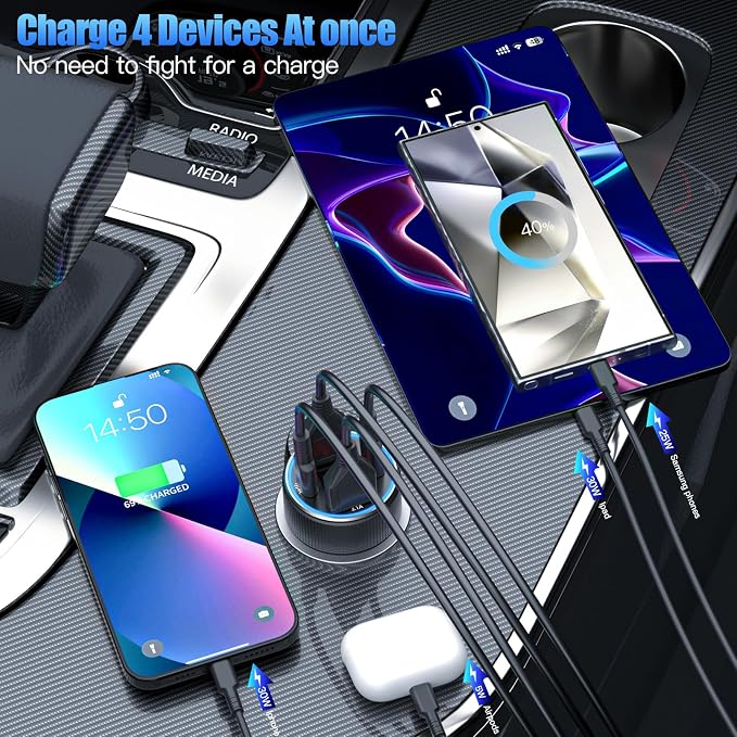 Car Charger with USB C Cable, 78W 4 Port Car Phone Charger Adapter Fast Charging - Image 3