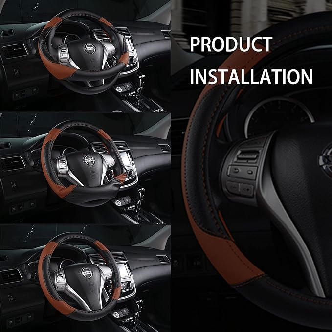 Leather Car Steering Wheel Cover, Non-Slip Car Wheel Cover Protector Breathable - Image 5