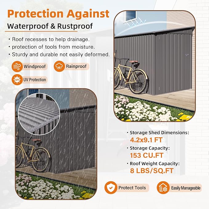 4 x 9 FT Metal Outdoor Storage Shed w/Clear Window, Lean to Storage Sheds - Image 5