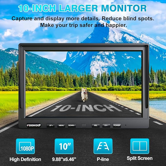 Fookoo HD 1080P 10" Wireless Backup Camera, 10-inch Dual/Quad Split Monitor - Image 2