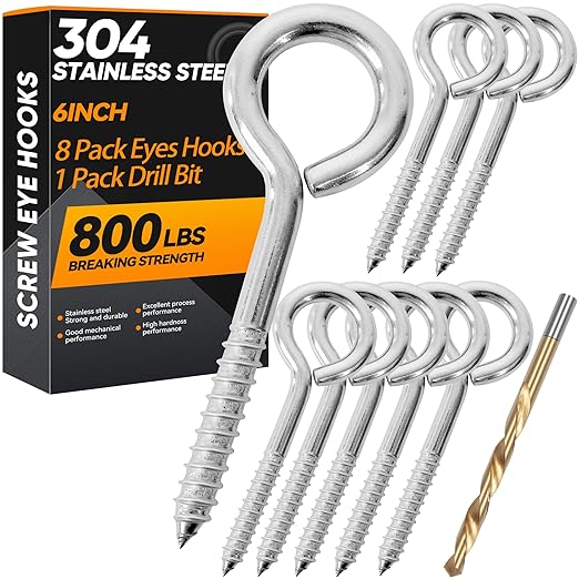 8Pcs 6 Inch Heavy Duty Screw Eyes Hooks, 304 Stainless Steel Self Tapping by YAIRMIS