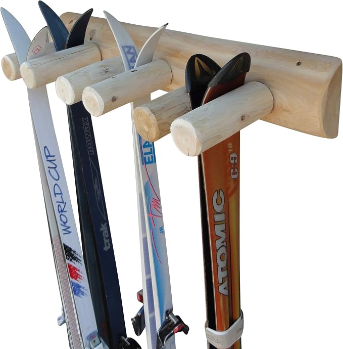6-Place Log Ski Rack Wall Mount, Indoor Ski Storage Rack by LogKayakRack