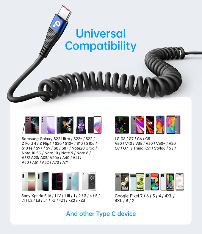 USB C Cable 100W 3FT Coiled USB C to USB C Charger Cable - Image 7