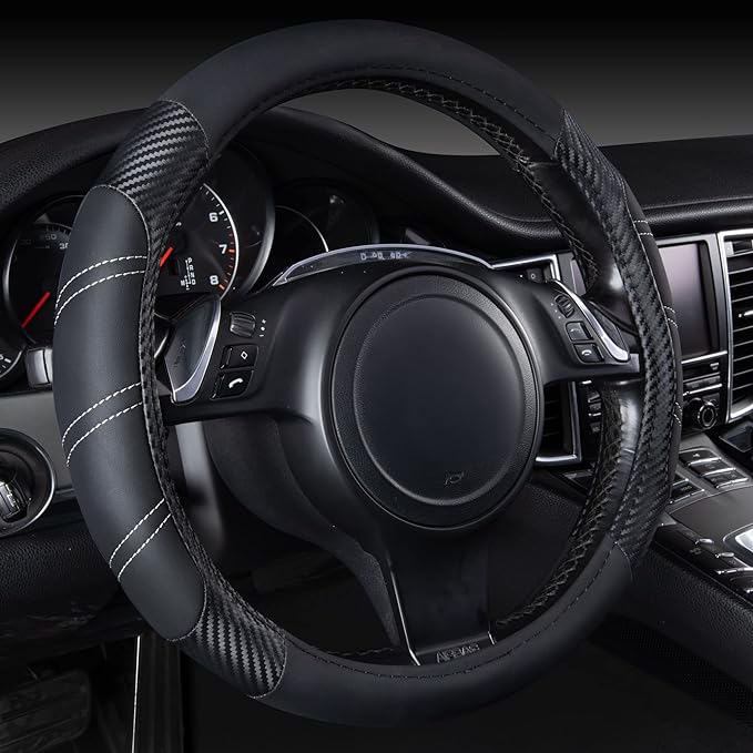 CAR PASS Line Rider Microfiber Leather Sporty 14.5-15 inch Steering Wheel Cover by CARPASS