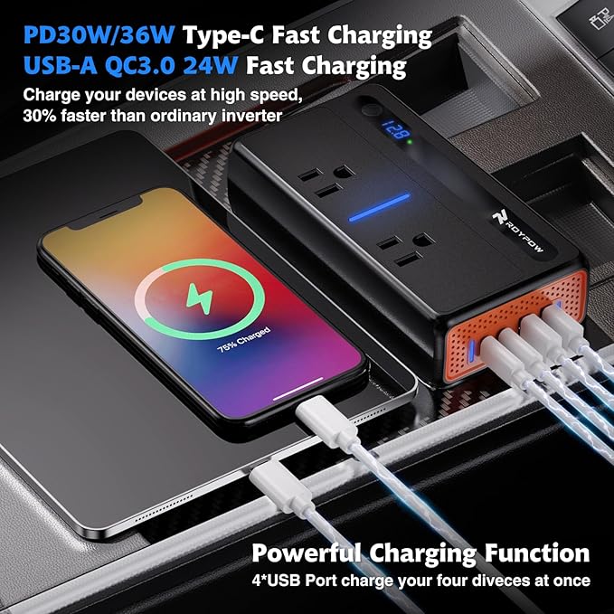 RoyPow 300W Car Power Inverter, DC 12V to 110V AC Power Inverter - Image 4