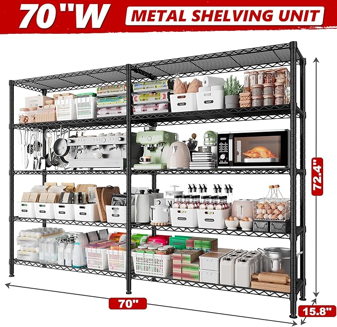REIBII 70"W Storage Shelves Load 1600LBS, Metal Shelving 5-tier Wire Shelving - Image 3