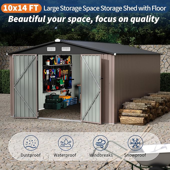 10x14x6.4 FT Outdoor Storage Sheds, Metal Garden Tool Shed - Image 4