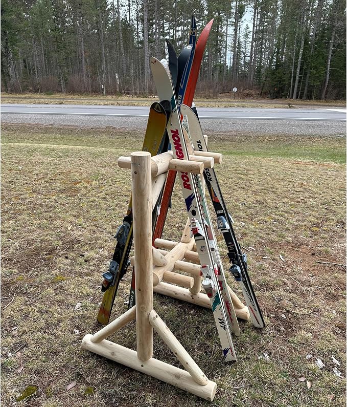 8-Place Freestanding Log Ski Rack Holder, Indoor & Outdoor Snowboard Racks - Image 4