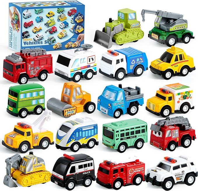 JOYIN 18 Pcs Pull Back City Cars and Trucks Toy Vehicles Set, Friction Powered by JOYIN