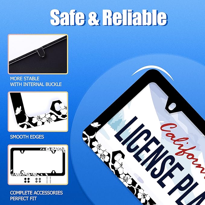 【2Pcs】 Black White Cherry Blossoms License Plate Frame Floral Flowers License - Image 2