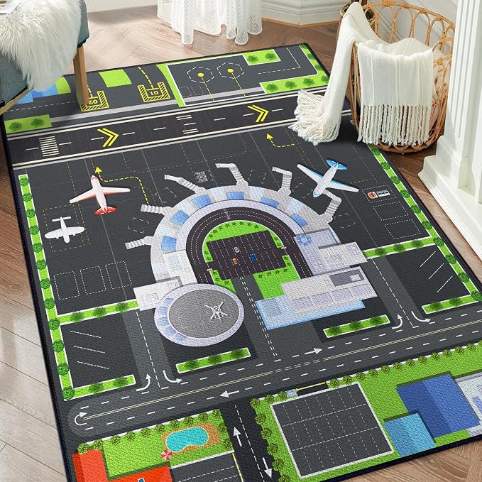 Playmat for Boys Playroom 5'x 6'6" Airport Mat for Kids Bedroom Traffic System - Image 3